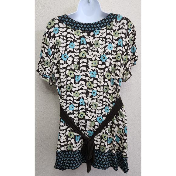 Apt 9 Brown Blue White Floral Print Tie Back Top XL Lightweight Soft Stretch - Picture 3 of 5